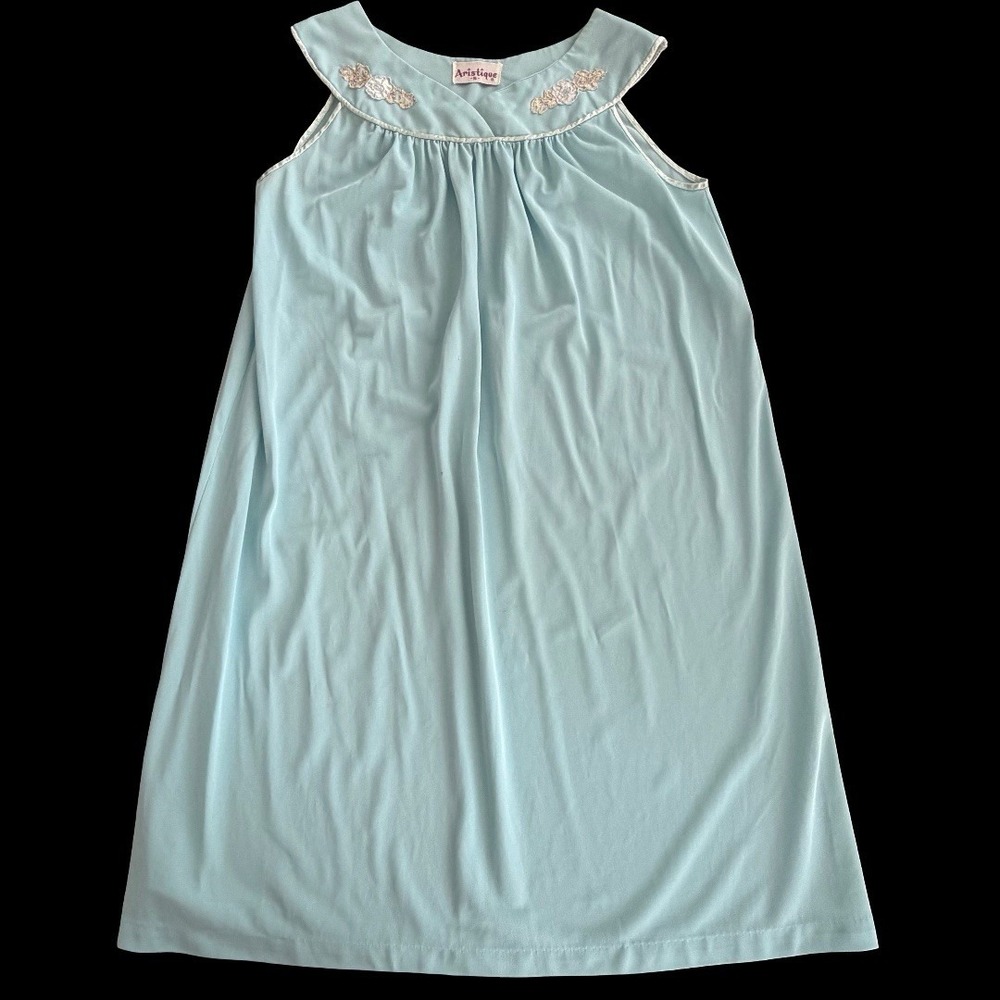 Aristique VTG Chemise‎ Nightgown Small Floral Appliqué Piping Lace Seafoam Blue